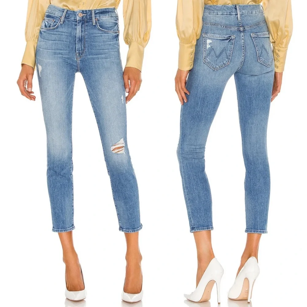 Mother High Waisted Looker Crop Distressed Skinny Jeans